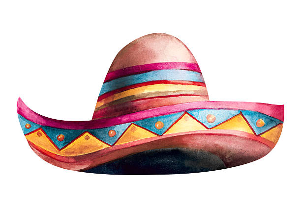 Mexican sombrero hat hand drawn colorful watercolor illustration isolated on white background. Traditional men headdress bright clipart for national holiday, ethnic party design, cards, invitations