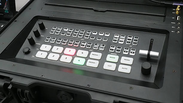 a video switcher control panel used in live broadcasting and video production.