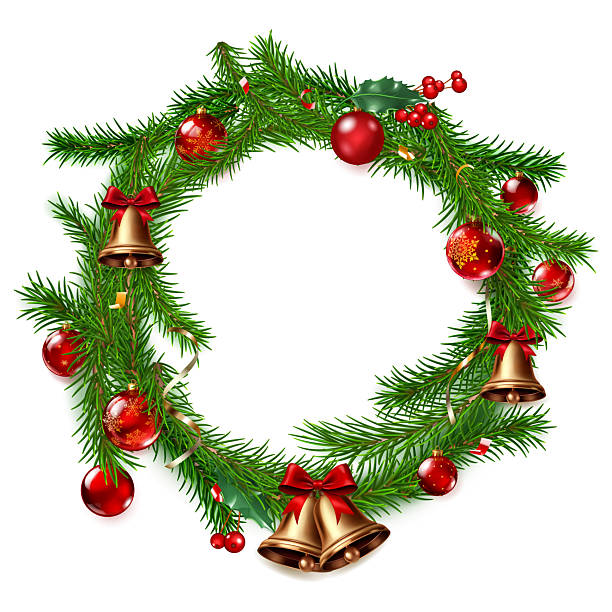 istock Festive Christmas wreath made of pine branches, red ornaments, bells and bows. 2228517371