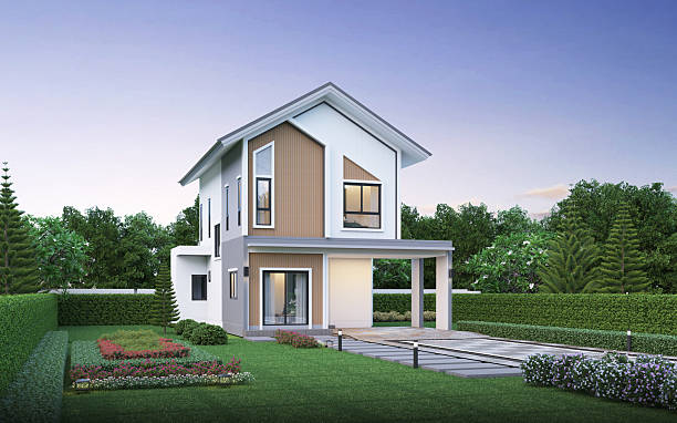 istock Modern house exterior evening view with lawn grass.3d rendering 2228517616