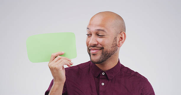 istock Man, speech bubble and thinking mockup for communication, marketing or chat in studio. Approval, idea and person with space for opinion isolated on white background for promotion, feedback or quote 2228517941
