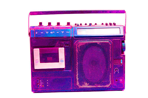 Pink Boombox Cassette Player Ghetto Blaster Stereo Retro Youth Kitsch Blue Background Front View 3d illustration render digital rendering