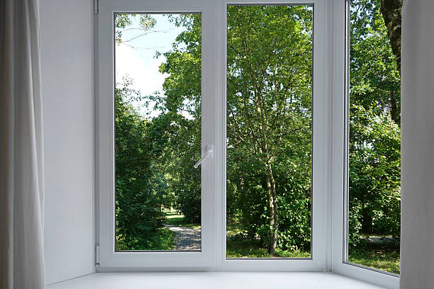 istock View from the window of a park with green trees. 2228534636