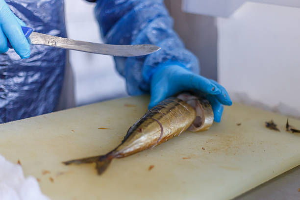 istock A fish factory worker cuts smoked mackerel into pieces with a knife. 2228537892