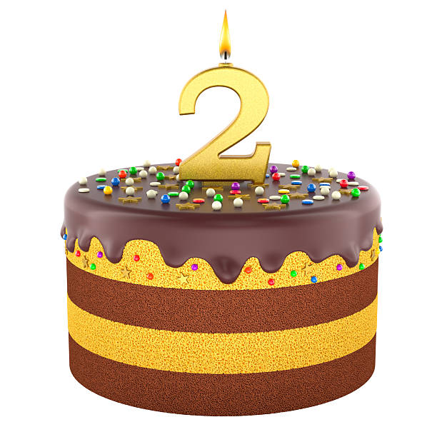 istock Layered birthday cake with chocolate glaze with burning gold number 2 candle. 3D rendering 2228542733