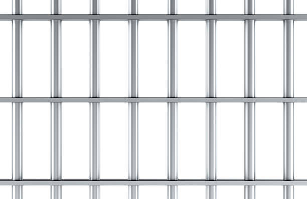 istock Metal prison bars, metal jail bars with vertical rods and horizontal supports, 3D rendering 2228544132