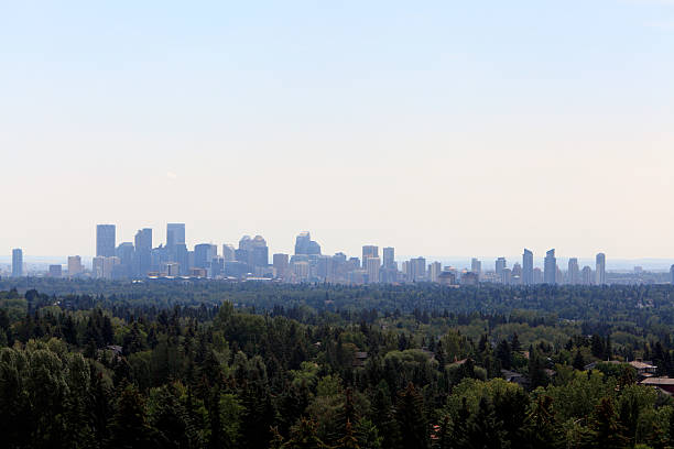 Probably atmospheric conditions but could also be smoke from forest fires.  North looking South. Neighborhoods in foreground of trees.