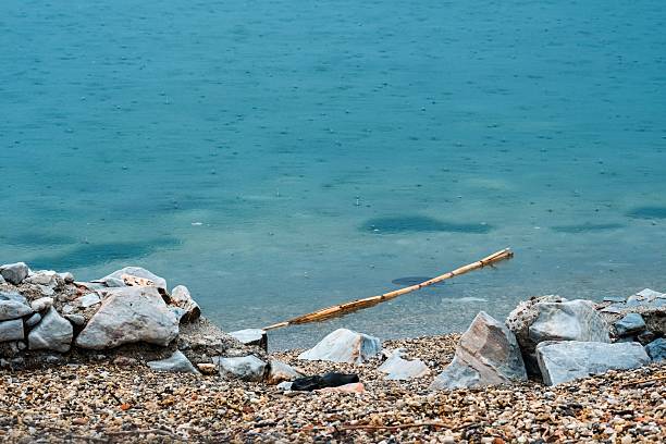 A wide shot shows a rocky shoreline with a large stick pointing into the calm, turquoise water.