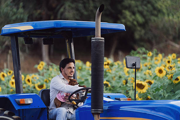 Farmer driving blue tractor with small dog