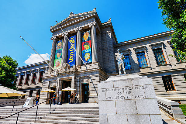 Boston, Massachusetts, USA - August 2, 2025: The Museum of Fine Arts (often abbreviated as MFA Boston or MFA) is an art museum in Boston, Massachusetts. It is the 20th-largest art museum in the world, measured by public gallery area. It contains 8,161 paintings and more than 450,000 works of art, making it one of the most comprehensive collections in the Americas. Founded in 1870 in Copley Square, the museum moved to its current Fenway location in 1909. View of Huntington Avenue entrance to the Museum.
