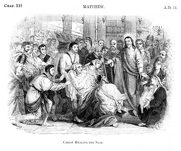 Jesus Christ heals the lame, blind, deaf, sick people, and casting out demons. Illustration published 1837. Copyright expired; artwork is in Public Domain.