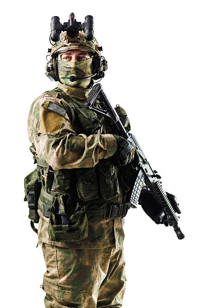 istock Soldier in full tactical gear with rifle on white background 2228558348