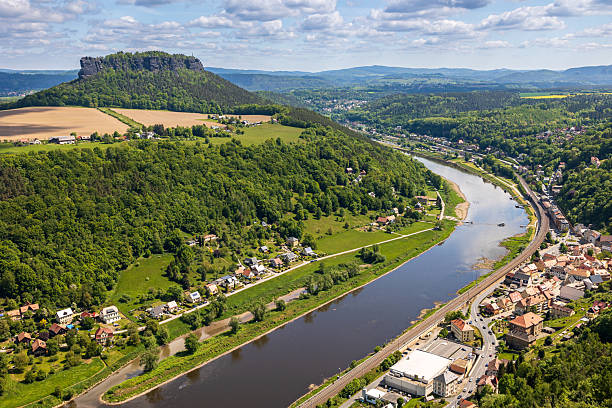 istock High angle view shows German village and Elbe River 2228568565