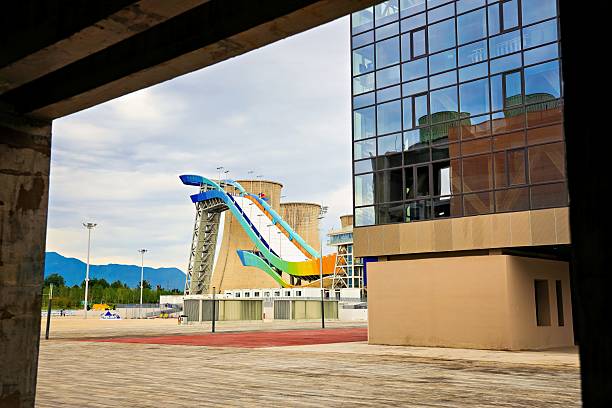 Lagos, Nigeria: The Civic Centre buiding, facade on Ozumba Mbadiwe Road - event and convention centre - inverted ziggurat structure designed by John Cubitt Architects -  steel truss above the building - Ozumba Mbadiwe Road & Adetokumbo Ademola Street, Victoria Island