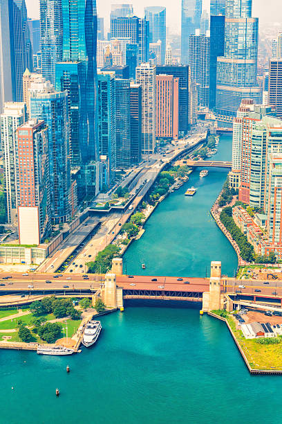 Buildings of downtown Chicago, Illinois along the mouth of the  Chicago River shot via helicopter from an altitude of about 800 feet.