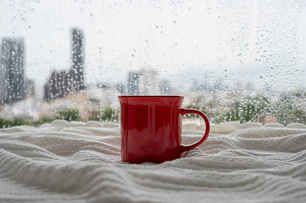 istock A red cup of coffee puts on blanket when rain drop on window. 2228574871