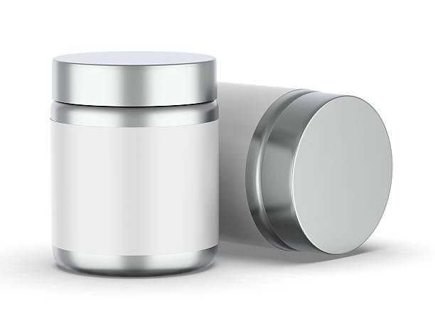 istock Metallic jar with white label on isolated white background, 3d illustration. 2228576488