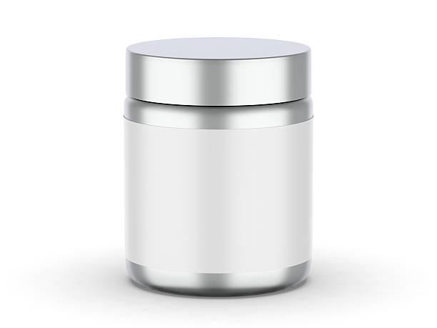 istock Metallic jar with white label on isolated white background, 3d illustration. 2228576490
