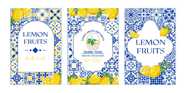 mediteranian style with blue tiles and lemon for invitation templates, vector eps 10