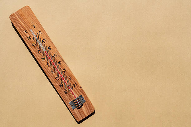 A classic wooden thermometer on brown background