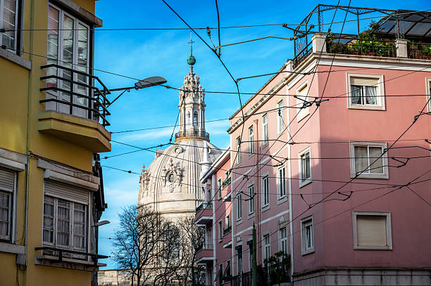 Colorful buildings and the Estrela Basilica in Lisbon, Portugal