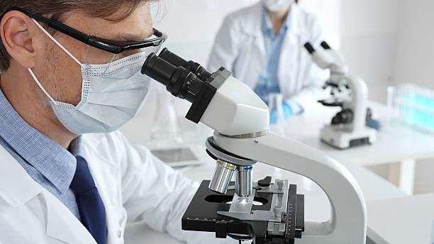 istock Medical researcher analyzing sample under microscope, wearing protective gear in sterile laboratory setting, performing scientific research. Medicine, healthcare and science concept 2228595132