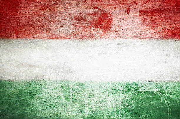A Hungarian flag with red, white, and green stripes featuring the national coat of arms hangs from the side of a building. The flag is slightly waving against a backdrop of dark green foliage. The image conveys national pride, identity, and tradition.