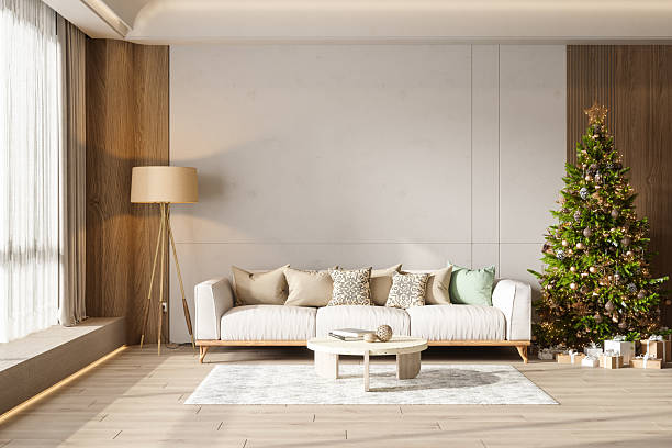 istock Modern Living Room Interior With Christmas Tree, Gift Boxes, Sofa, Floor Lamp And Blank Wall 2228600278