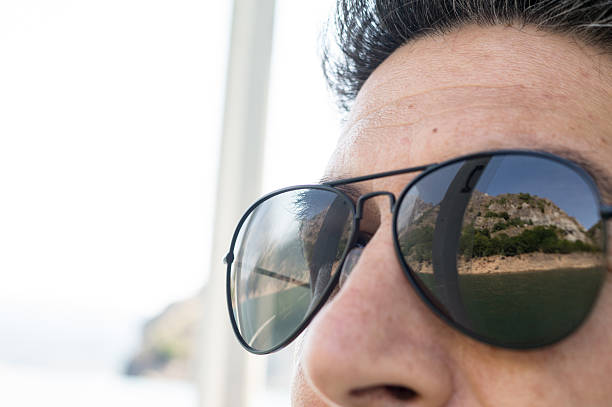 man looking at the mountains with the reflection in his sunglasses
