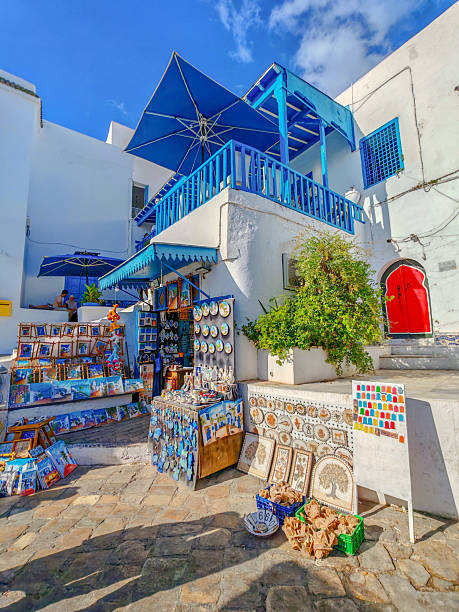 Street of Sidi Bou Said with blue windows and typical mail door, traditional architecture, mediterranean trees and flowers