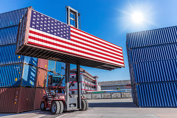 istock Cargo shipping import export logistic from USA products shipment concept, Container with US flag 2228605963