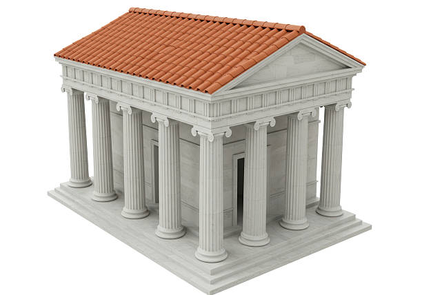 Abstract white classical building, with columns, frieze and pediment, on a dark blue background. Digitally generated image.