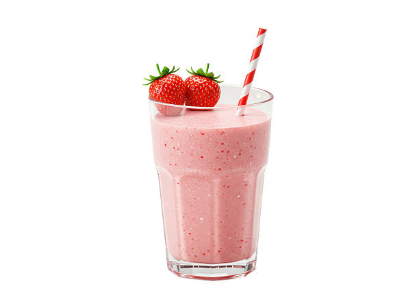 Isolated Fresh Strawberry Smoothie with Straw in Glass