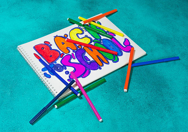 Vibrant “Back to School” design drawn on a spiral notebook, surrounded by colorful markers on a turquoise background. Cheerful composition for education, stationery, or classroom themes.