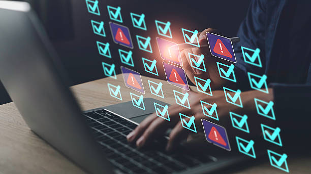 istock Digital error detection and troubleshooting concept showing warning signs among checklist icons on screen during system inspection. 2228619957