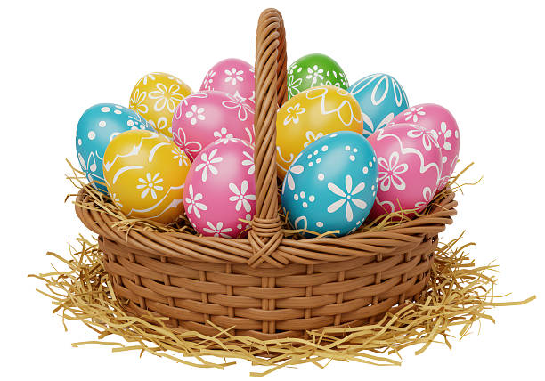 istock Isolated Woven Basket Filled with Decorated Easter Eggs 2228622483