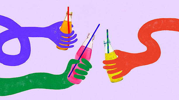 istock Hand drawn collage of three colorful hands clinking fruit sodas in bottles with straws on purple background 2228631565