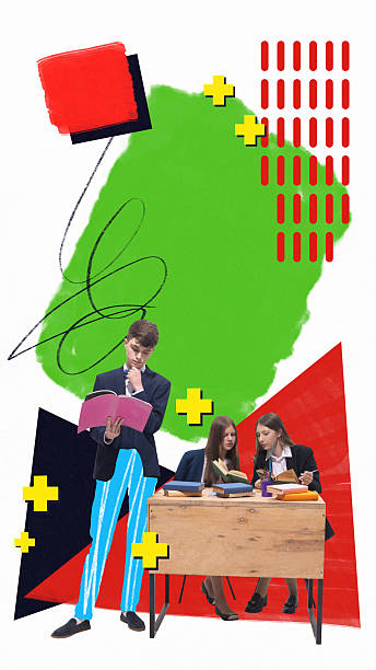 istock Students studying with books against abstract green and red graphic background. Peer collaboration 2228638420
