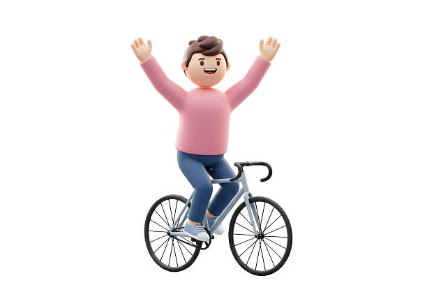 istock Isolated Joyful Man Riding Bicycle with Arms Raised 2228639147