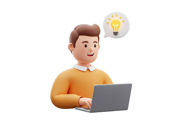 istock Isolated Man with Idea Light Bulb Over Laptop 2228642202