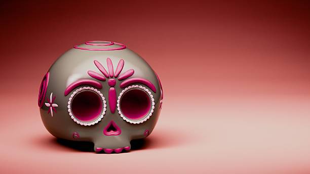 Gray sugar skull with pink floral accents on red-pink gradient background