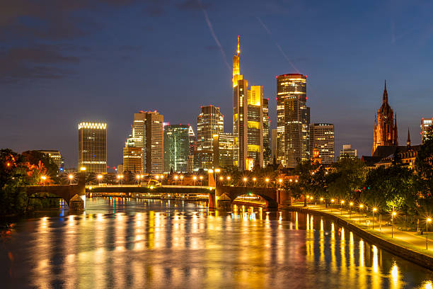 Illuminated Frankfurt City Downtown, Frankfurt Cathedral at Night and Main River. Hesse, Germany