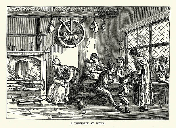 History cooking, Pot of stew on open fire, meat roasting on a turnspit or Roasting jack powered by a Turnspit dog, vintage illustration, early 19th Century