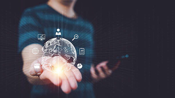 istock Man hand holding globe diagram connected to big data around the world. Concept of using the internet online networks around the world 2228644650