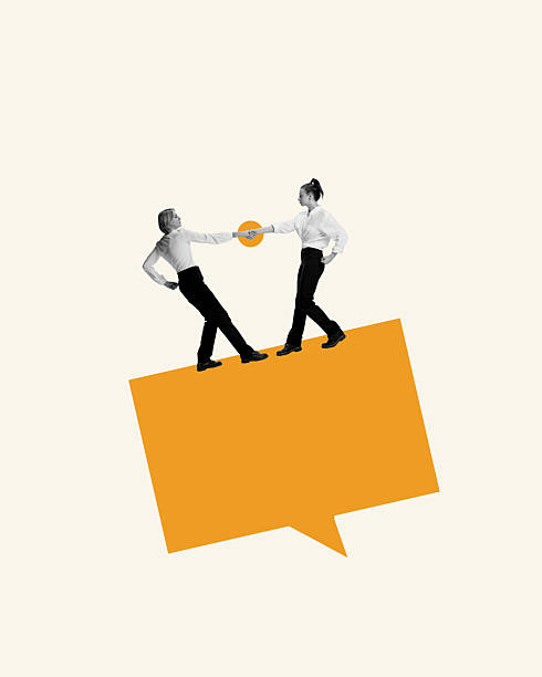 istock Bold collage of two businesswomen balancing while shaking hands on orange speech bubble 2228646812