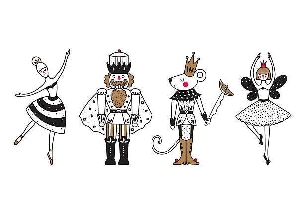 The Nutcracker, the Mouse King, and the Ballerinas. Vector illustration on a transparent background.