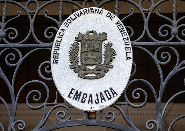 London, UK - July 29th 2024: The sign above the entrance to the Embassy of Venezuela, located on Cromwell Road in South Kensington, London, UK.