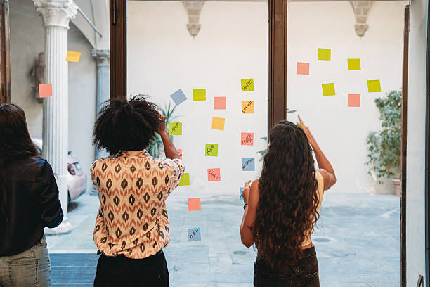 istock Businesswomen planning strategy using sticky notes on glass wall 2228651031