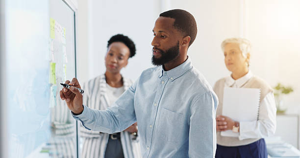 istock Businessman, writing and schedule planning with team on glass board for reminder, project or tasks. Man, planner and taking notes with group for agenda, ideas or brainstorming together in workplace 2228651955