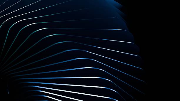 Curved Thin Blue Lines Forming Abstract Shell-Like Shape On Black Background Tech Art For Design Use